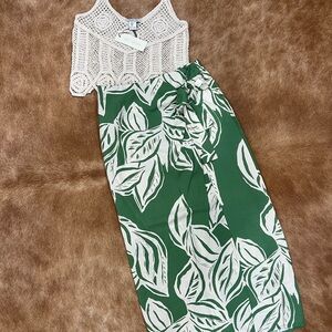 NWT Rachel Zoe Green White Tropical Leaf Print Crochet Midi Skirt & Cami Top Set